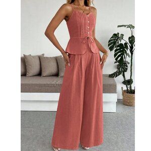 Rust Linen Wide-Leg Two-Piece Set | Button Camisole Top & Flow Pants